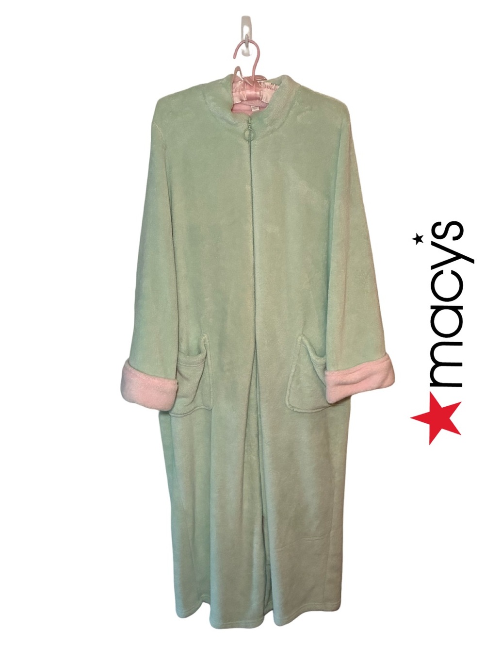 Charter Club Intimates by Macy’s Mint Green Teddy Coat with Pink Cuff + Detail